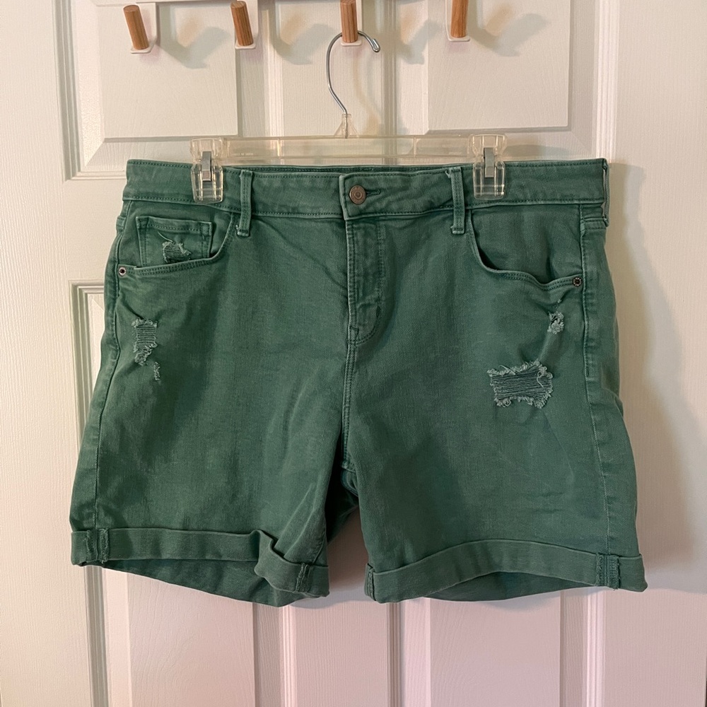 Green Stretch Denim Distressed Shorts